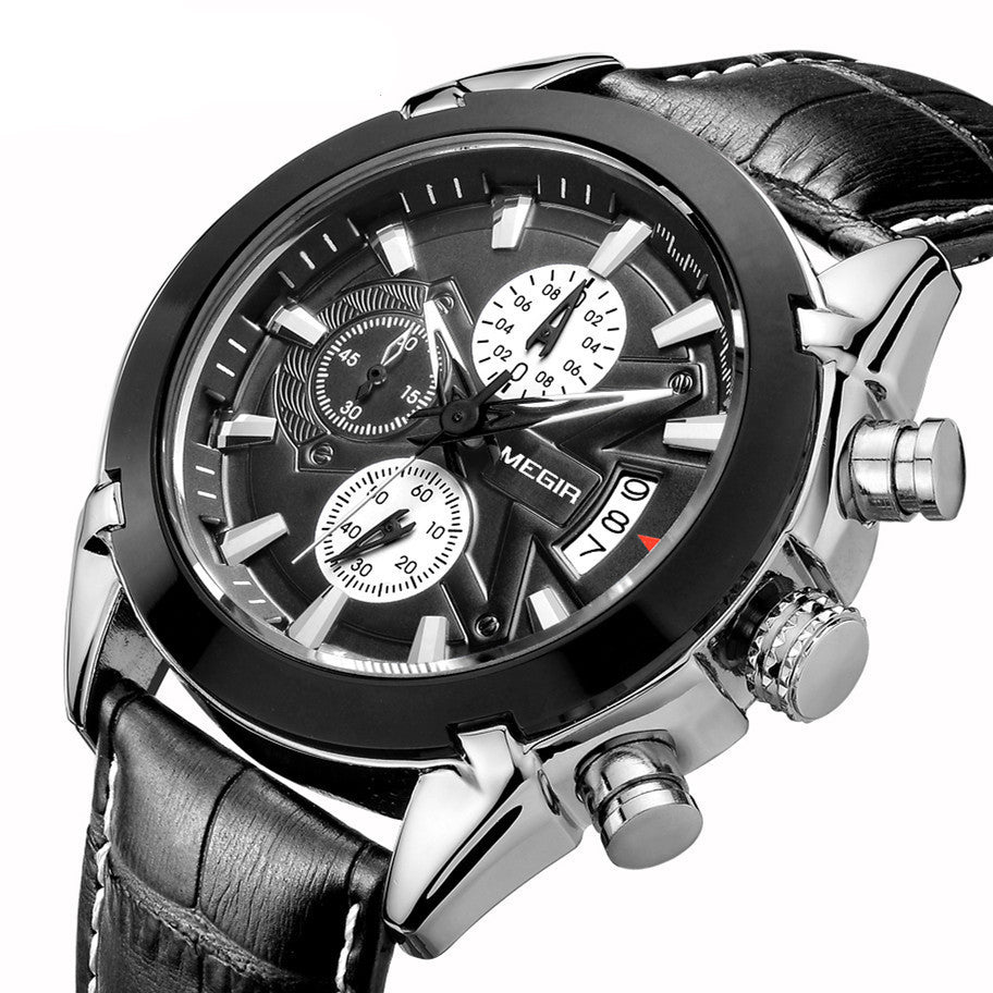 MEN Luxury Leather Watch Waterproof Quartz Chronograph Sport Watch