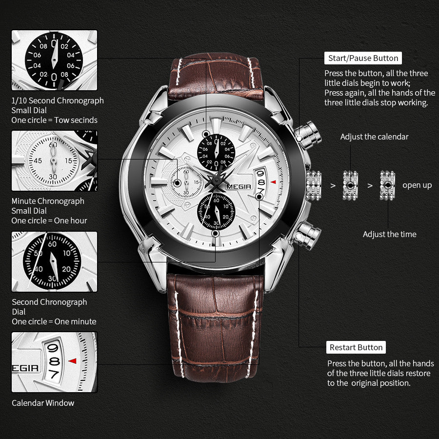 MEN Luxury Leather Watch Waterproof Quartz Chronograph Sport Watch