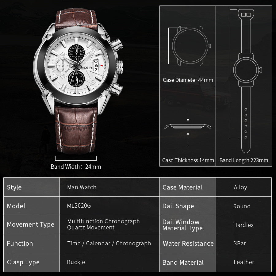 MEN Luxury Leather Watch Waterproof Quartz Chronograph Sport Watch