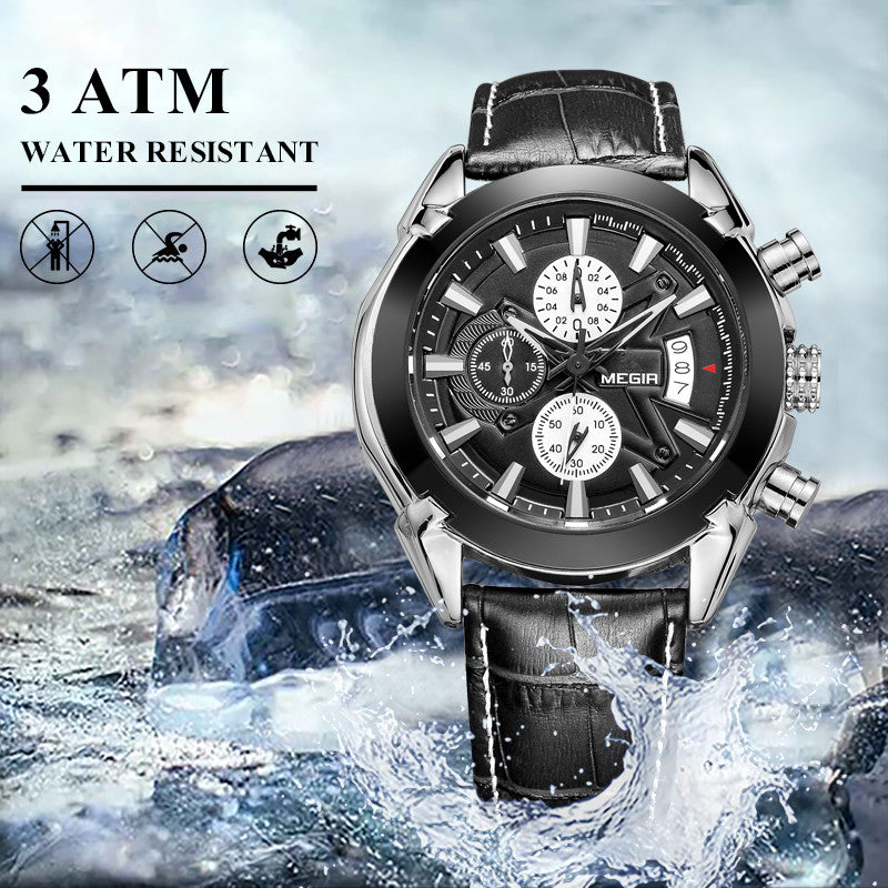 MEN Luxury Leather Watch Waterproof Quartz Chronograph Sport Watch