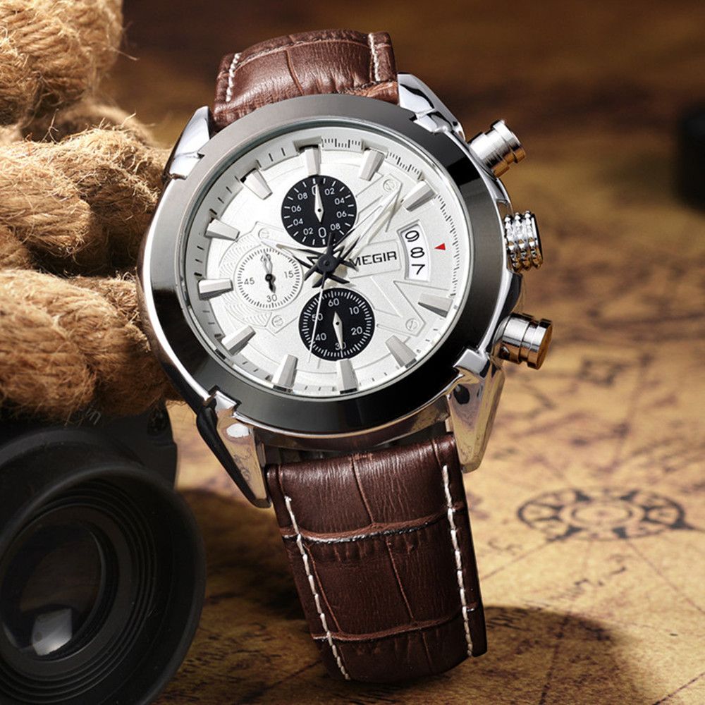 MEN Luxury Leather Watch Waterproof Quartz Chronograph Sport Watch