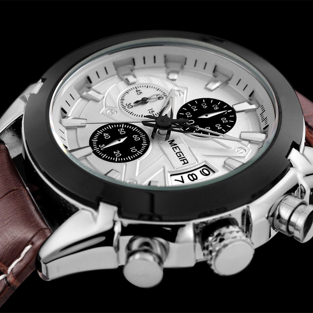 MEN Luxury Leather Watch Waterproof Quartz Chronograph Sport Watch