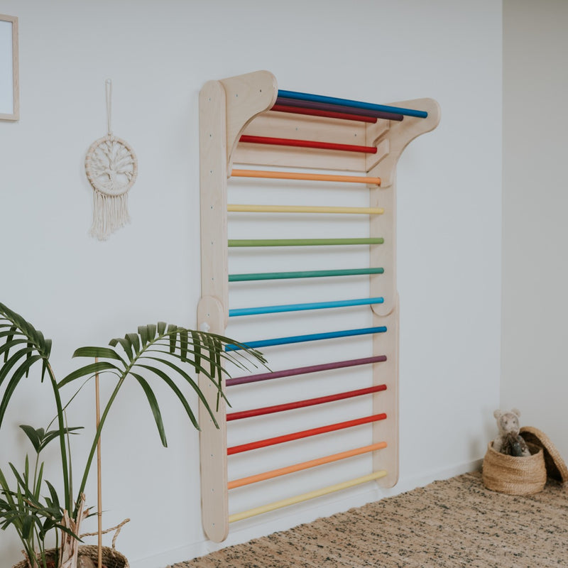 Pikler Triangle Climber with Swedish Wall Add-On (Ages 6m–7y) - Rainbow